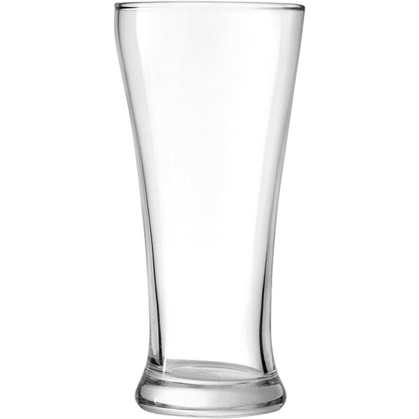 A clear 14 oz. Pilsner glass on a white background.