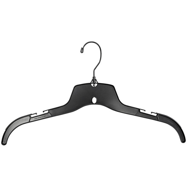 A 17" black plastic shirt hanger with a black hook.