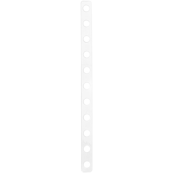 A white plastic strip with 11 holes in it.