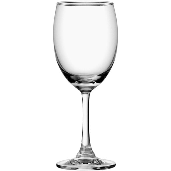 A close-up of a clear Duchess wine glass with a stem.