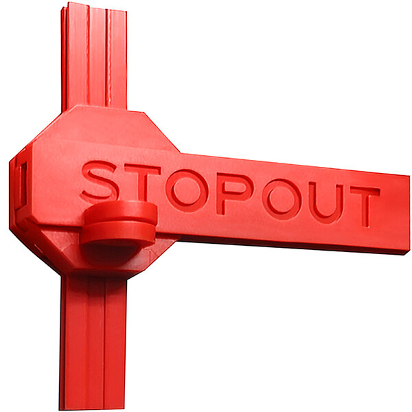 A white Accuform plastic lockout with red text reading "STOPOUT Slide N Lock"