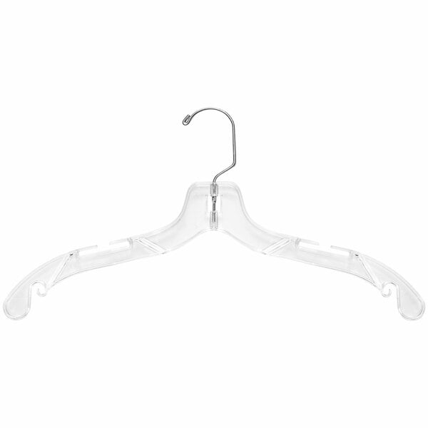 A 17" clear plastic shirt hanger with a chrome hook.