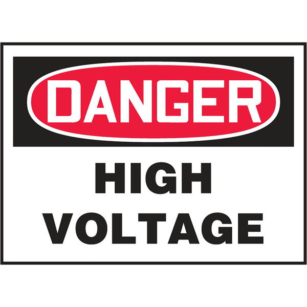 A red and white rectangular sign with white text reading "Danger High Voltage" on a white background.