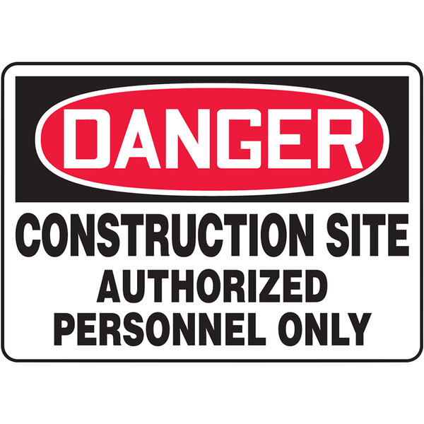 A black, red, and white Accuform plastic safety sign that reads "Danger Construction Site / Authorized Personnel Only"