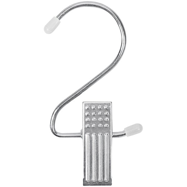 A chrome metal clip with a chrome hook.