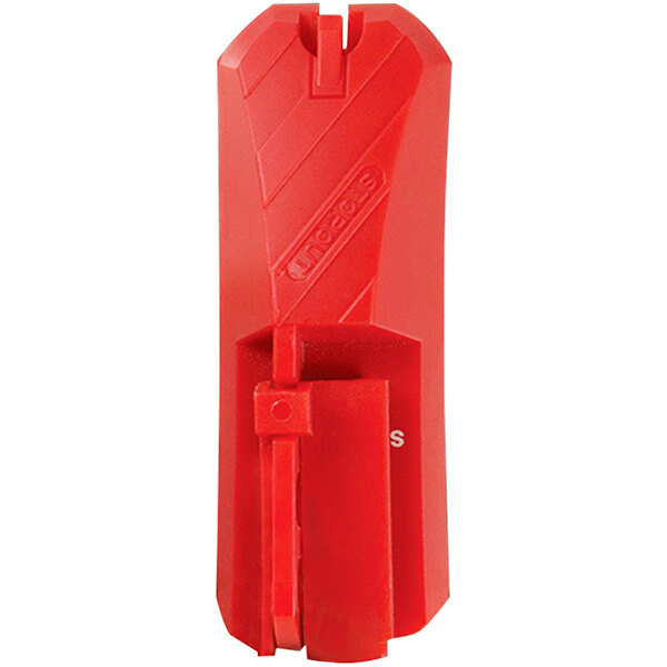 A close-up of a red Accuform plastic wall switch cover.