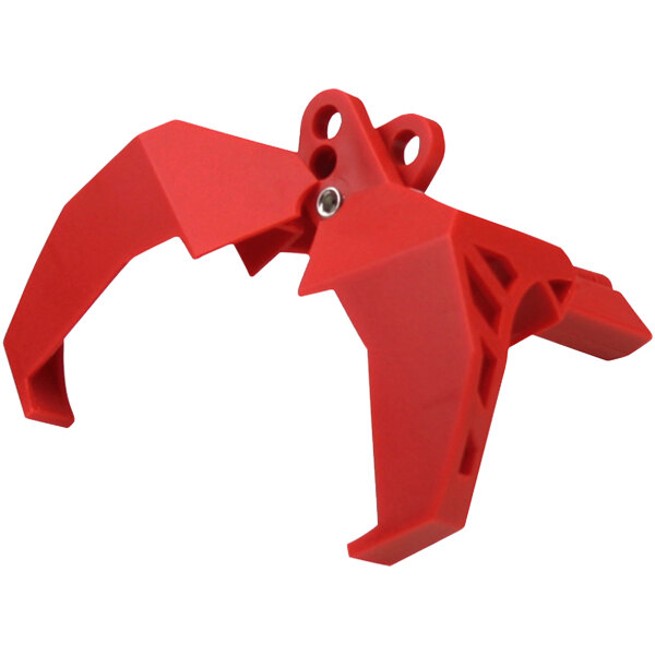 A red plastic clip with metal screws on a white background.
