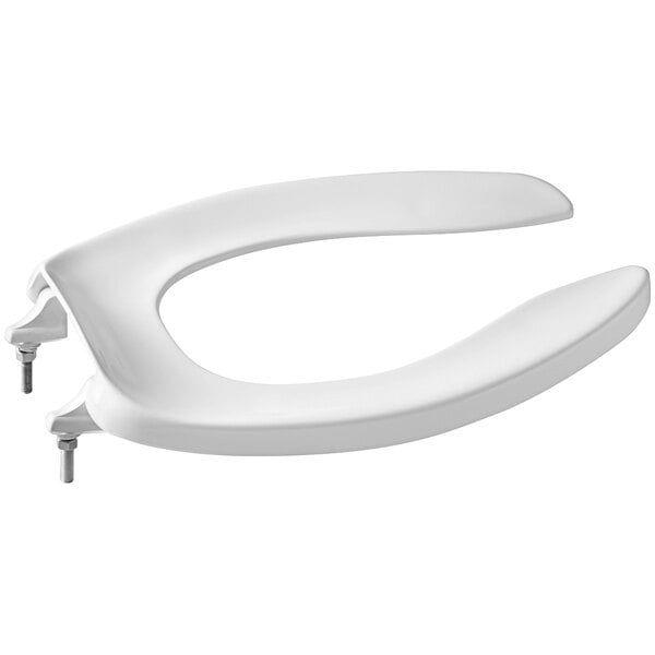 A white Zurn elongated toilet seat with a self-sustaining check hinge.