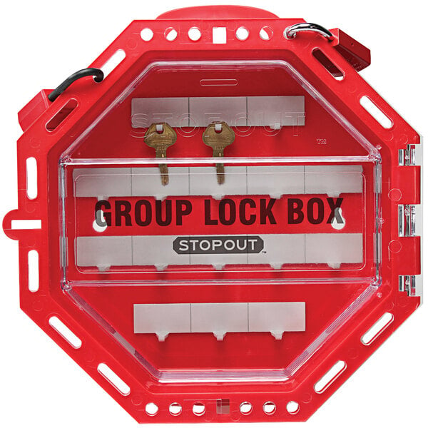 A white Accuform Look N Stop group lock box with keys.