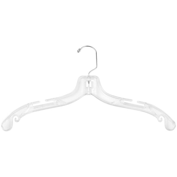 A 17" clear plastic jumbo shirt hanger with a chrome hook.