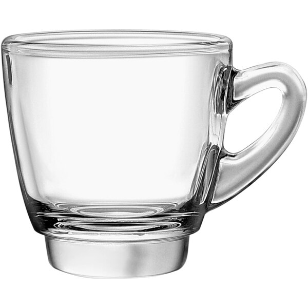 A Kenya clear glass espresso cup with a handle.