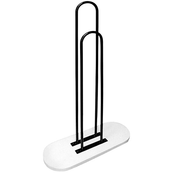 A white stand with black metal poles for hangers.