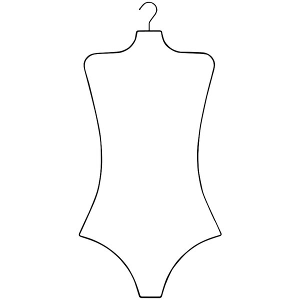 A black and white drawing of a woman's swimsuit on a 30" black wire hanger.