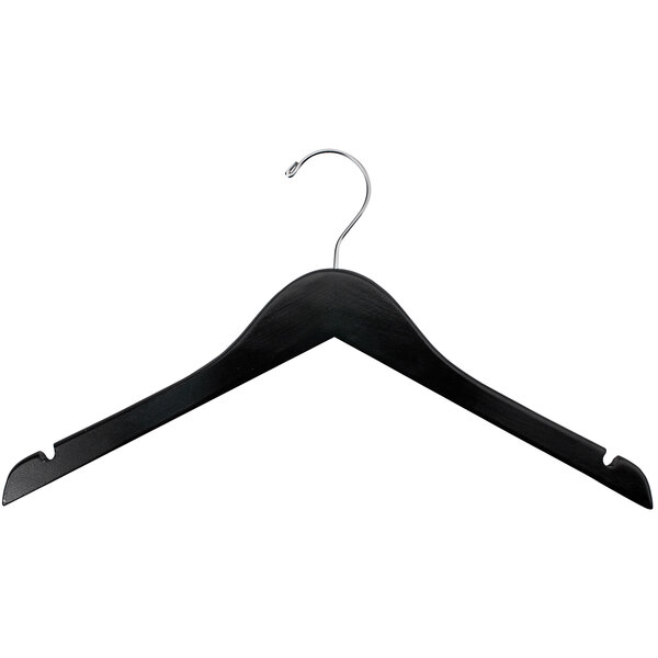 A 17" black wooden shirt hanger with a chrome hook.