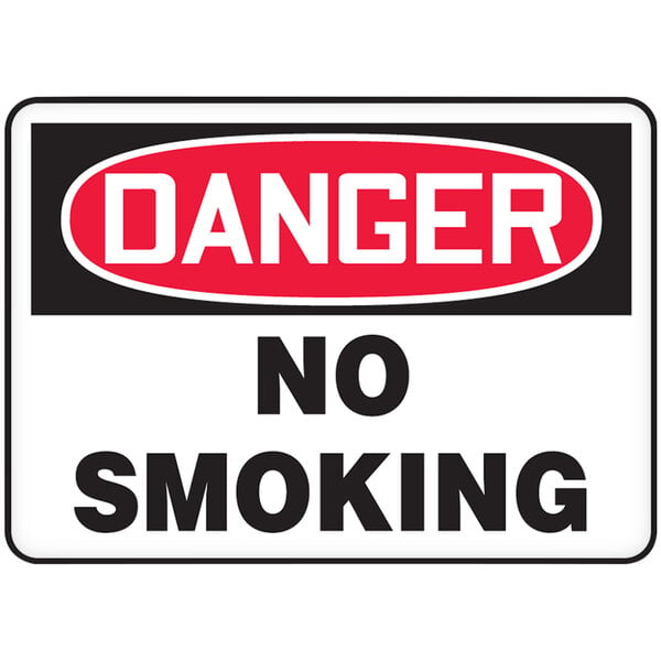 An Accuform "Danger / No Smoking" warehouse safety sign with a white background, red and black rectangle, and white text.