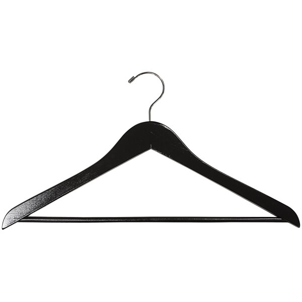 A 17" black flat wooden suit hanger with a chrome hook.