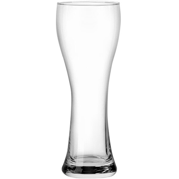 A close-up of a clear Pilsner glass with a black rim on a white background.