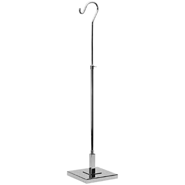 A silver metal 18" - 36" adjustable handbag stand with a hook.