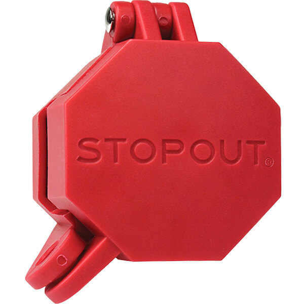 A red Accuform STOPOUT plastic lockout device over a white background.
