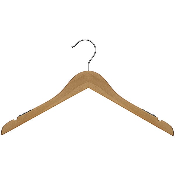 A 17" natural wooden shirt hanger with a chrome hook.