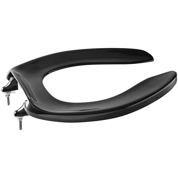 A Zurn black elongated toilet seat with screws.