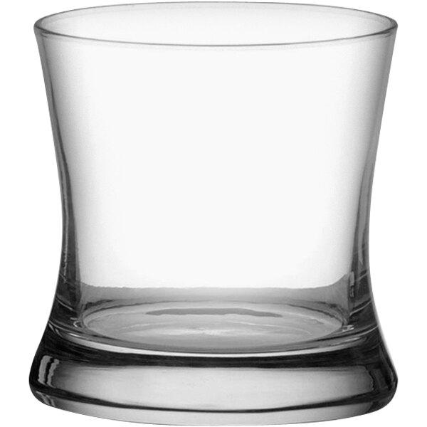 A clear Tango old fashioned glass with a curved bottom.