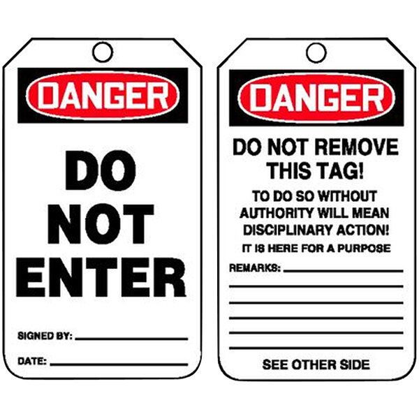A close-up of two red and white Accuform "Do Not Enter" safety tags with white text on a white background.