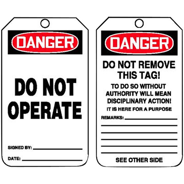 Two white Accuform safety tags with black and white text reading "Danger / Do Not Operate" and grommets.