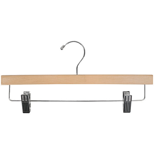 A 14" natural wood skirt hanger with chrome clips.