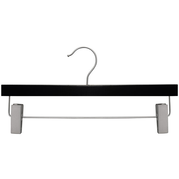 A black wooden skirt/pant hanger with brushed chrome hardware.