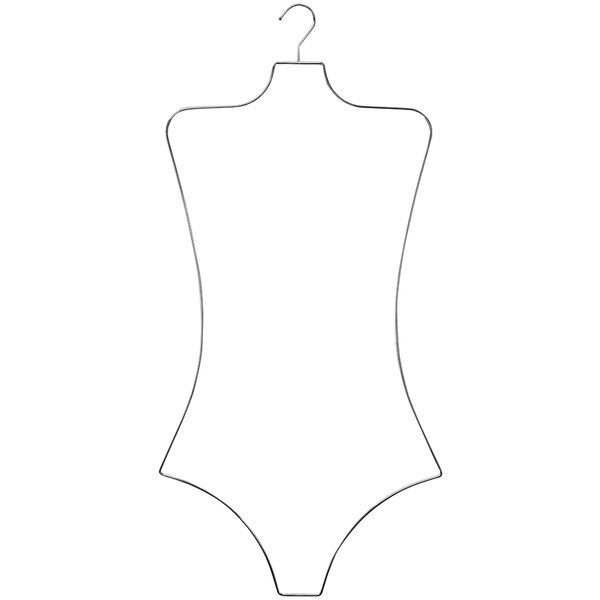 A curved white and black 30" chrome wire hanger for swimwear with a woman's body drawn on it.