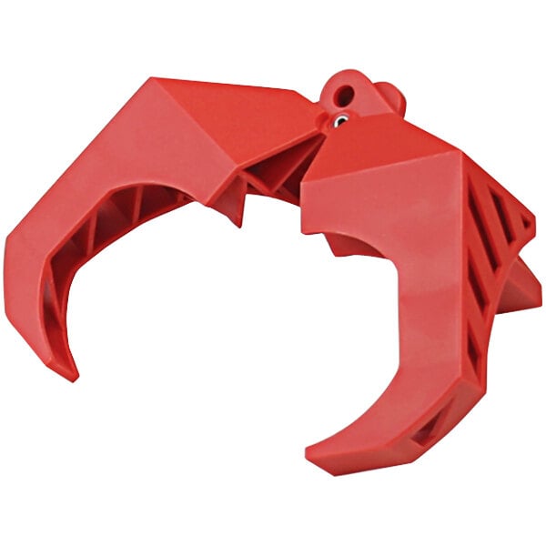 A red plastic Accuform ball valve lockout with two claws.