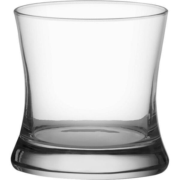 A clear glass Tango Rocks glass with a curved rim.