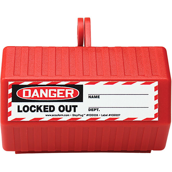 A red plastic Accuform lockout box with a label.