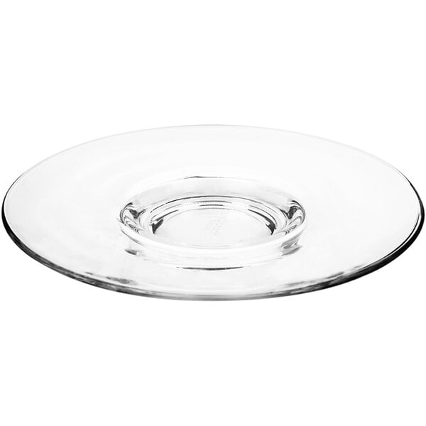 A clear glass plate with a clear rim.