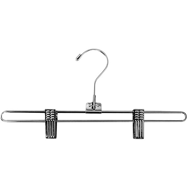 A chrome metal skirt/pant hanger with a standard hook and a metal swinger with two hooks.
