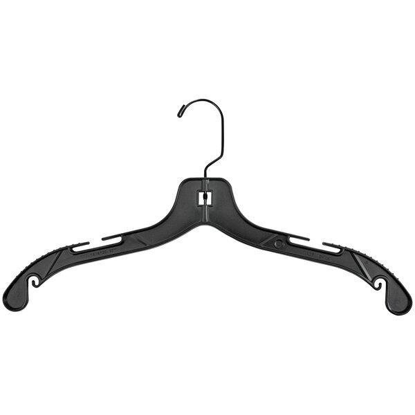 A 17 inch black plastic shirt hanger with a black hook.