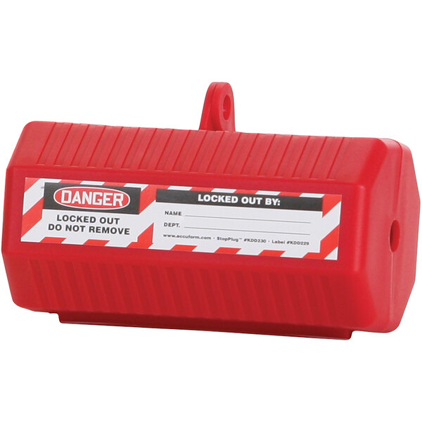 A red and white Accuform plastic lockout box on a red lockout box.