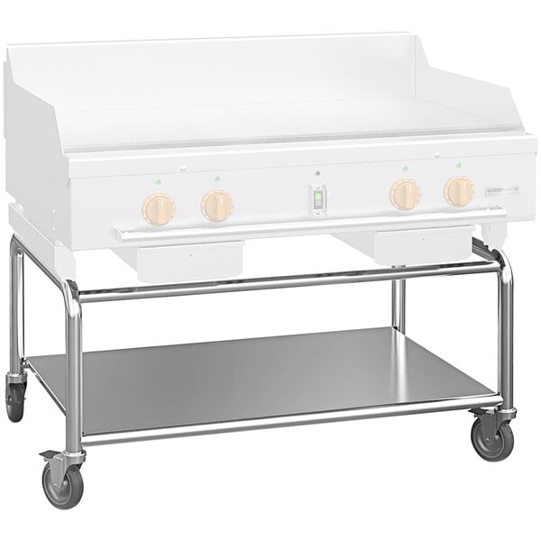 A Wood Stone griddle stand with a white top and metal cart.