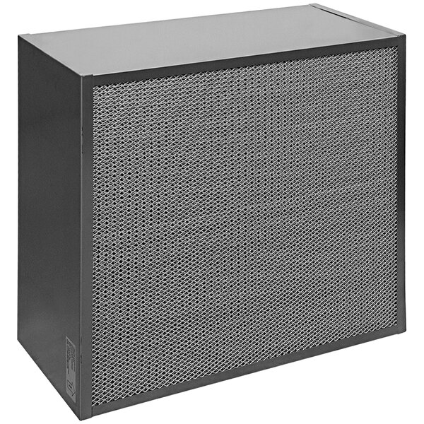 A black metal air filter with a mesh pattern.