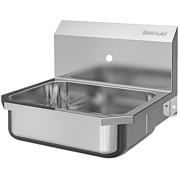 A Sani-Lav stainless steel wall mounted hand sink with a single faucet hole.