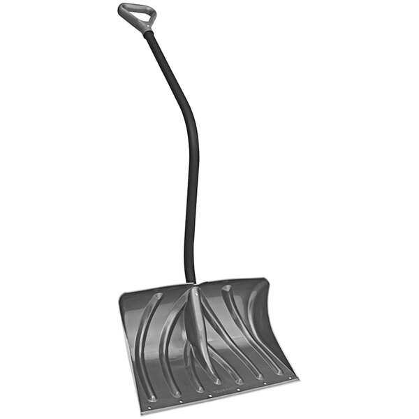 A Suncast snow shovel with a long handle and a D-Grip handle.