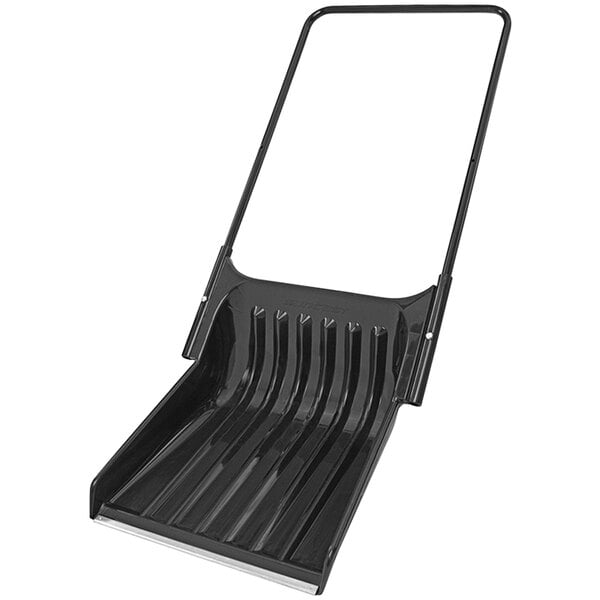 A black plastic Suncast snow shovel with a steel handle.
