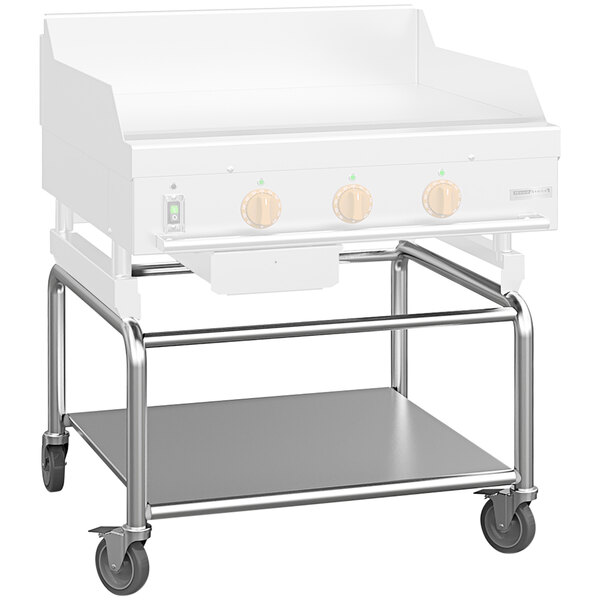 A metal cart with a Wood Stone griddle stand on it.
