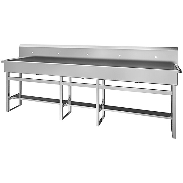 A stainless steel Sani-Lav multi-station floor mounted sink with legs.