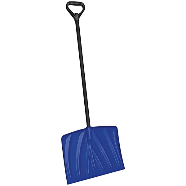 A blue Suncast snow shovel with a black D-grip handle.