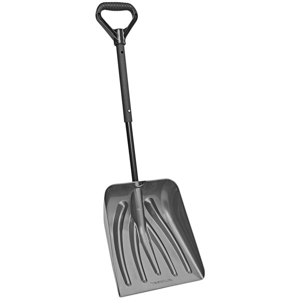 A silver metal Suncast car snow shovel with a telescoping steel core and D-grip handle.