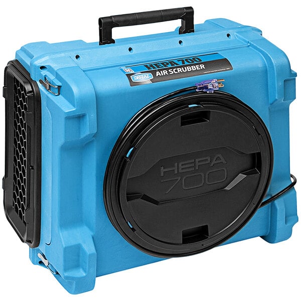 A blue and black Dri-Eaz HEPA 700 air scrubber in a black box with a black handle.