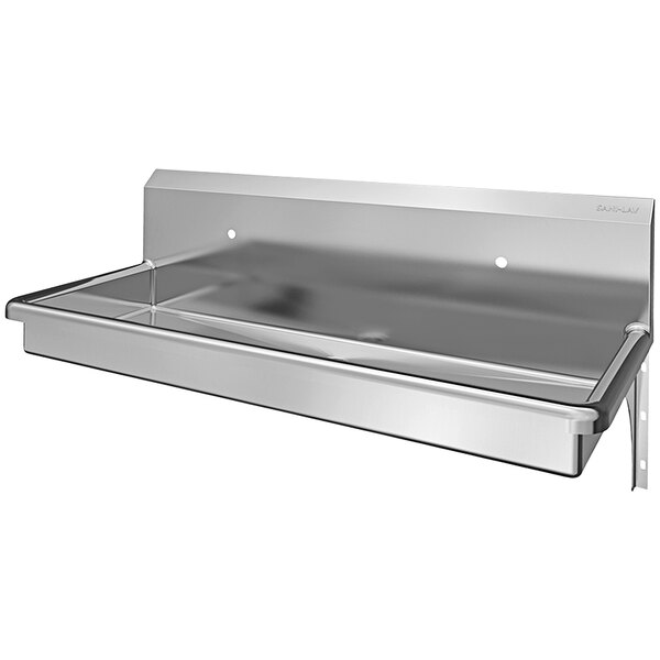 A stainless steel Sani-Lav multi-station hand sink with single faucet holes over a counter.