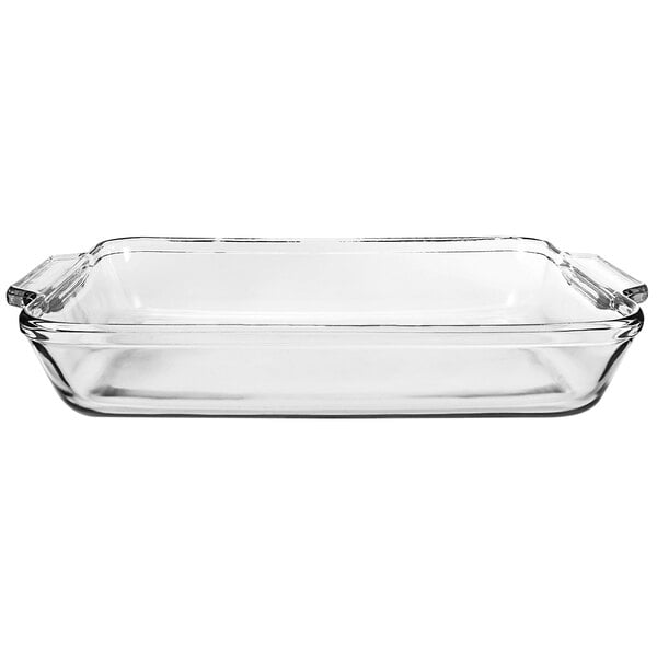 An Anchor Hocking clear glass baking dish with handles.